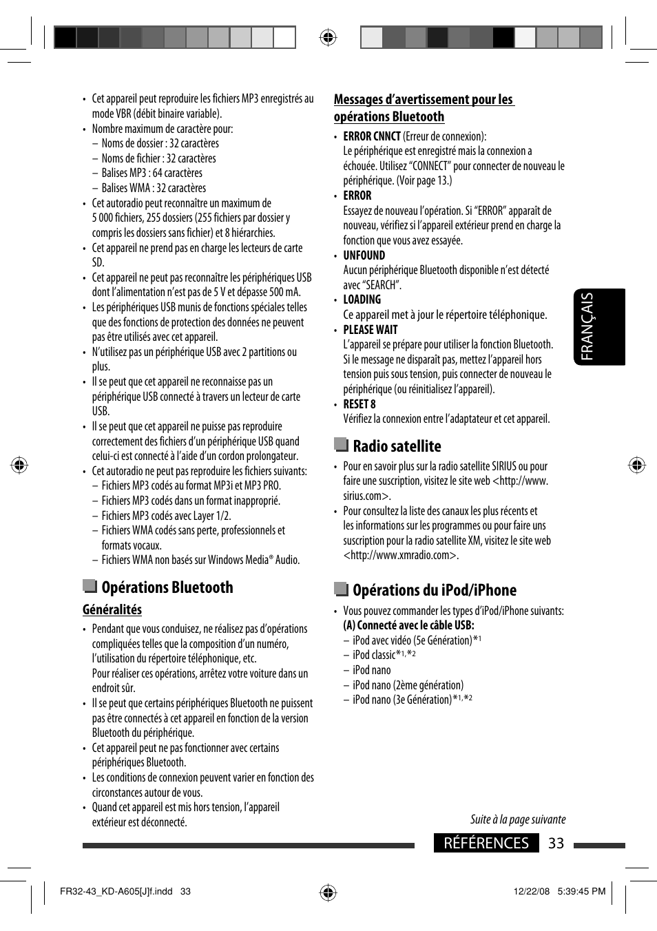 Opérations bluetooth, Radio satellite, Opérations du ipod/iphone | Français 33 références | JVC KD-R600 User Manual | Page 117 / 127