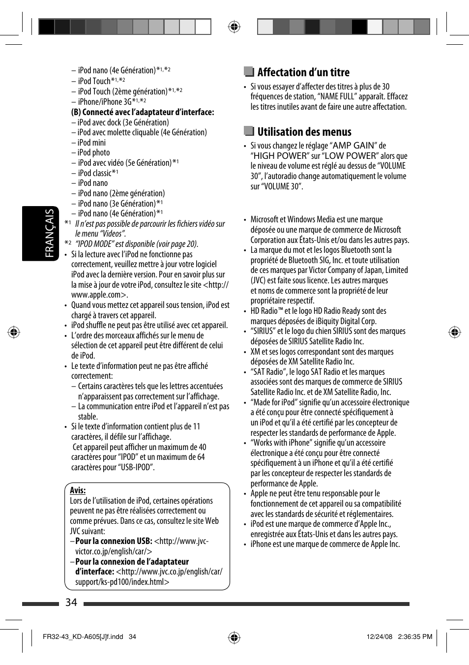 Affectation d’un titre, Utilisation des menus, Français 34 | JVC KD-R600 User Manual | Page 118 / 127