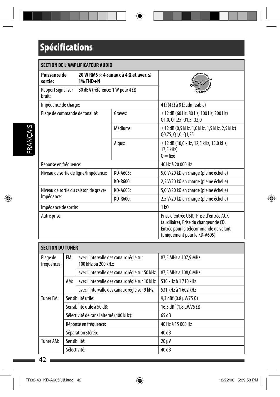 Spécifications, Français 42 | JVC KD-R600 User Manual | Page 126 / 127