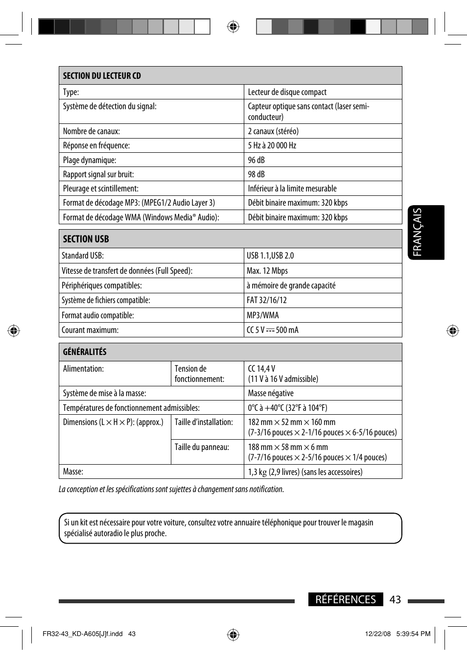 Français 43 références | JVC KD-R600 User Manual | Page 127 / 127