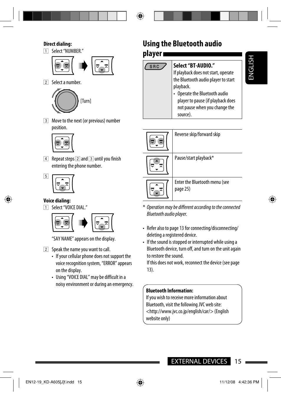 Using the bluetooth audio player, English 15 external devices | JVC KD-R600 User Manual | Page 15 / 127