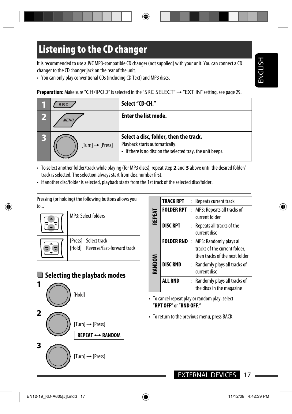 Listening to the cd changer, Selecting the playback modes | JVC KD-R600 User Manual | Page 17 / 127