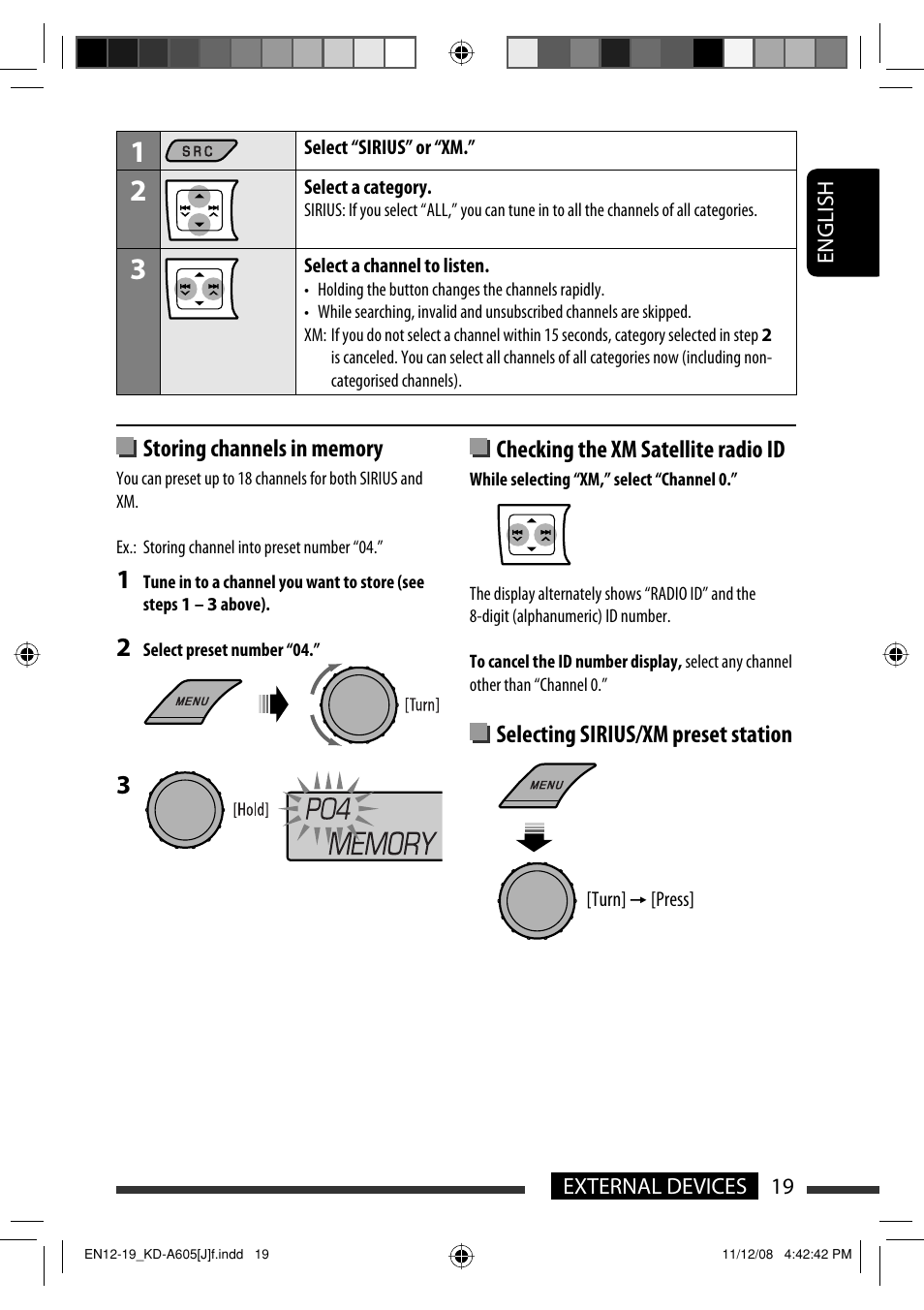 Checking the xm satellite radio id, Selecting sirius/xm preset station | JVC KD-R600 User Manual | Page 19 / 127