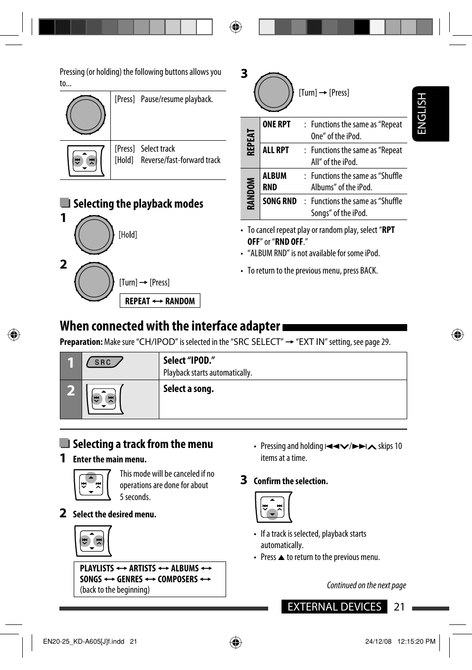 When connected with the interface adapter, Selecting the playback modes, Selecting a track from the menu | JVC KD-R600 User Manual | Page 21 / 127