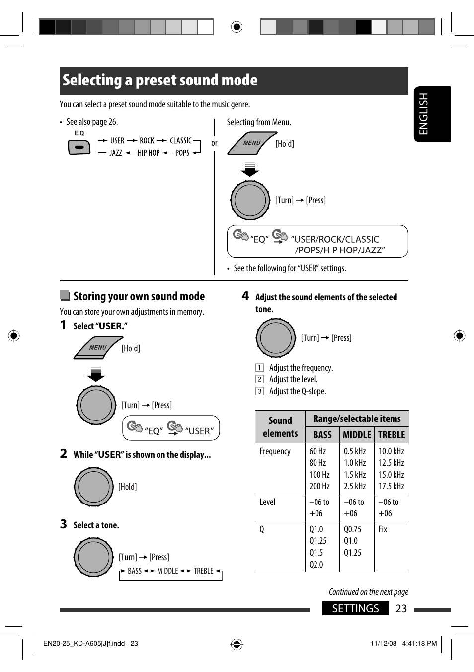 Selecting a preset sound mode, Storing your own sound mode, English 23 settings | JVC KD-R600 User Manual | Page 23 / 127