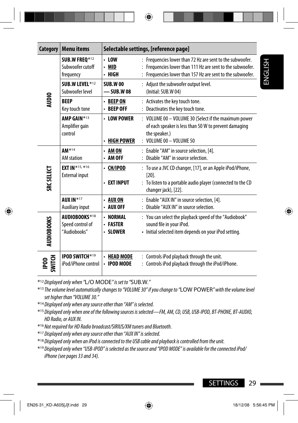 English 29 settings | JVC KD-R600 User Manual | Page 29 / 127
