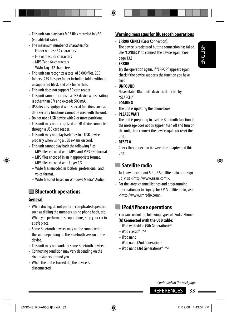 Bluetooth operations, Satellite radio, Ipod/iphone operations | English 33 references | JVC KD-R600 User Manual | Page 33 / 127