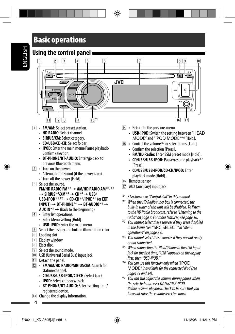 Basic operations, Using the control panel, English 4 | JVC KD-R600 User Manual | Page 4 / 127