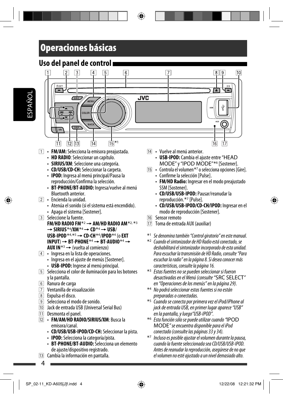 Operaciones básicas, Uso del panel de control, Español 4 | JVC KD-R600 User Manual | Page 46 / 127