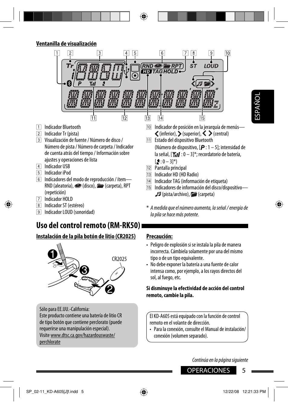 Uso del control remoto (rm-rk50), Español 5 operaciones | JVC KD-R600 User Manual | Page 47 / 127