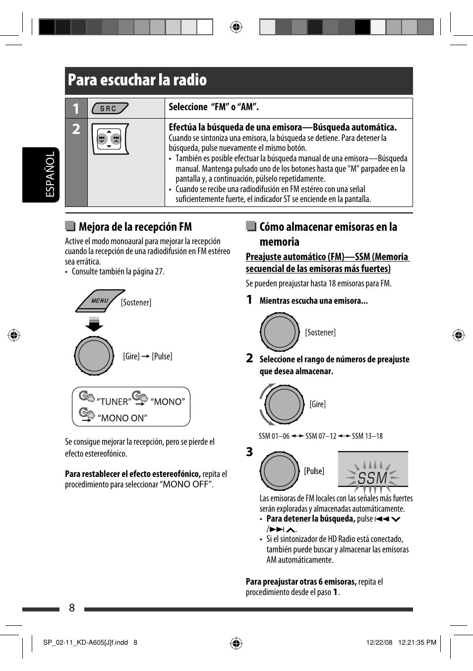 Para escuchar la radio, Mejora de la recepción fm | JVC KD-R600 User Manual | Page 50 / 127