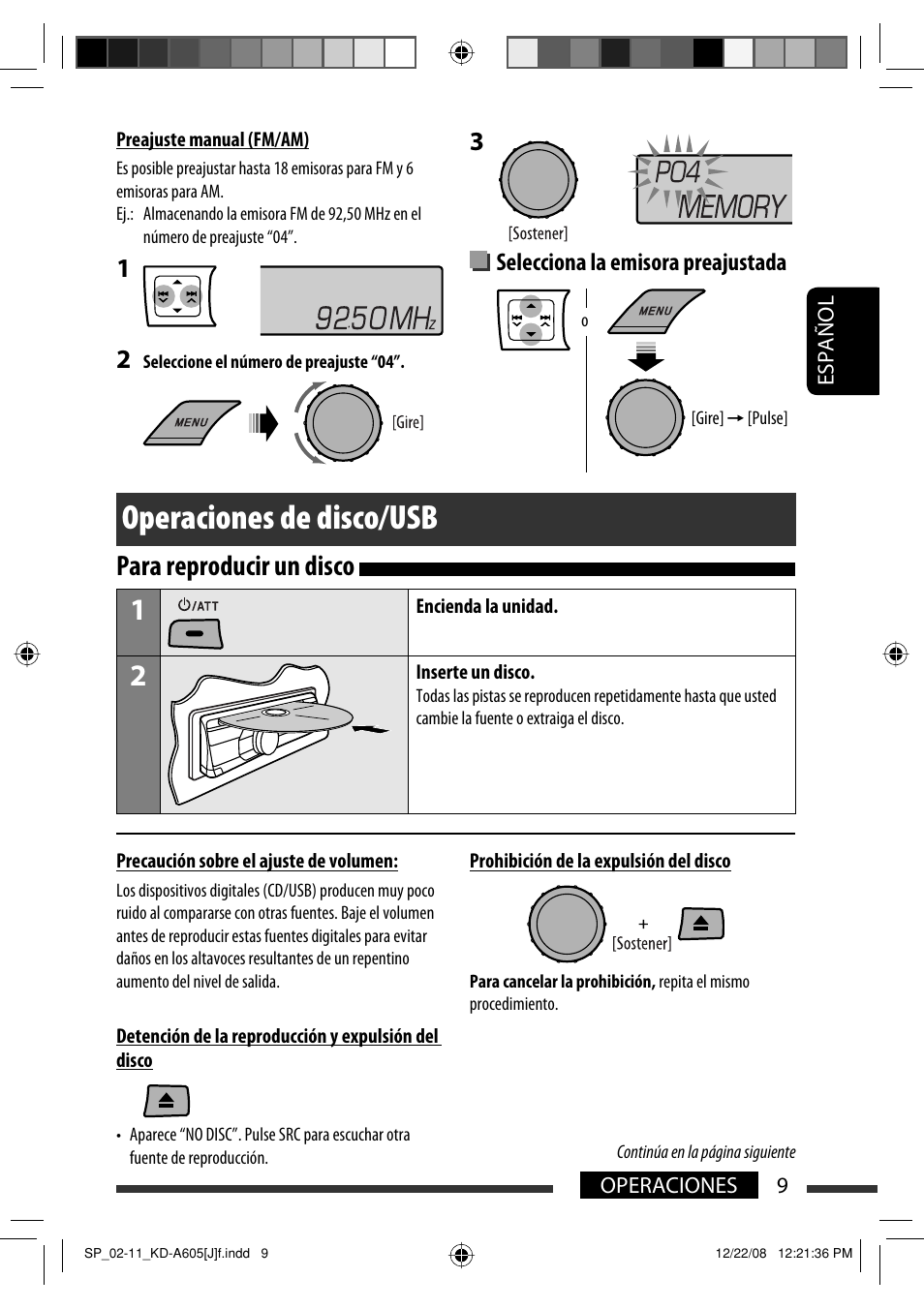 Operaciones de disco/usb, Para reproducir un disco, Selecciona la emisora preajustada | JVC KD-R600 User Manual | Page 51 / 127