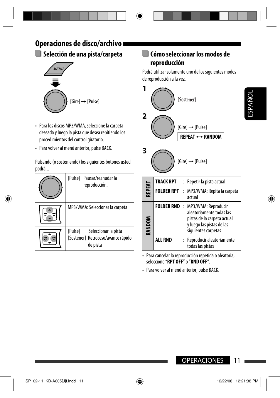Operaciones de disco/archivo, Selección de una pista/carpeta, Cómo seleccionar los modos de reproducción | Español 11 operaciones | JVC KD-R600 User Manual | Page 53 / 127