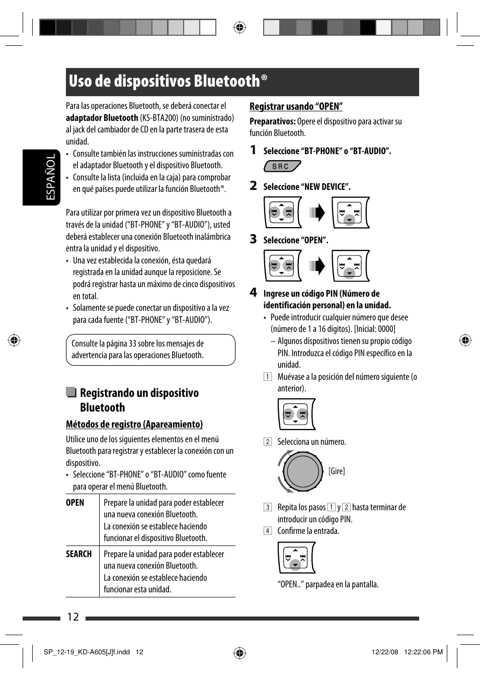 Uso de dispositivos bluetooth, Registrando un dispositivo bluetooth | JVC KD-R600 User Manual | Page 54 / 127