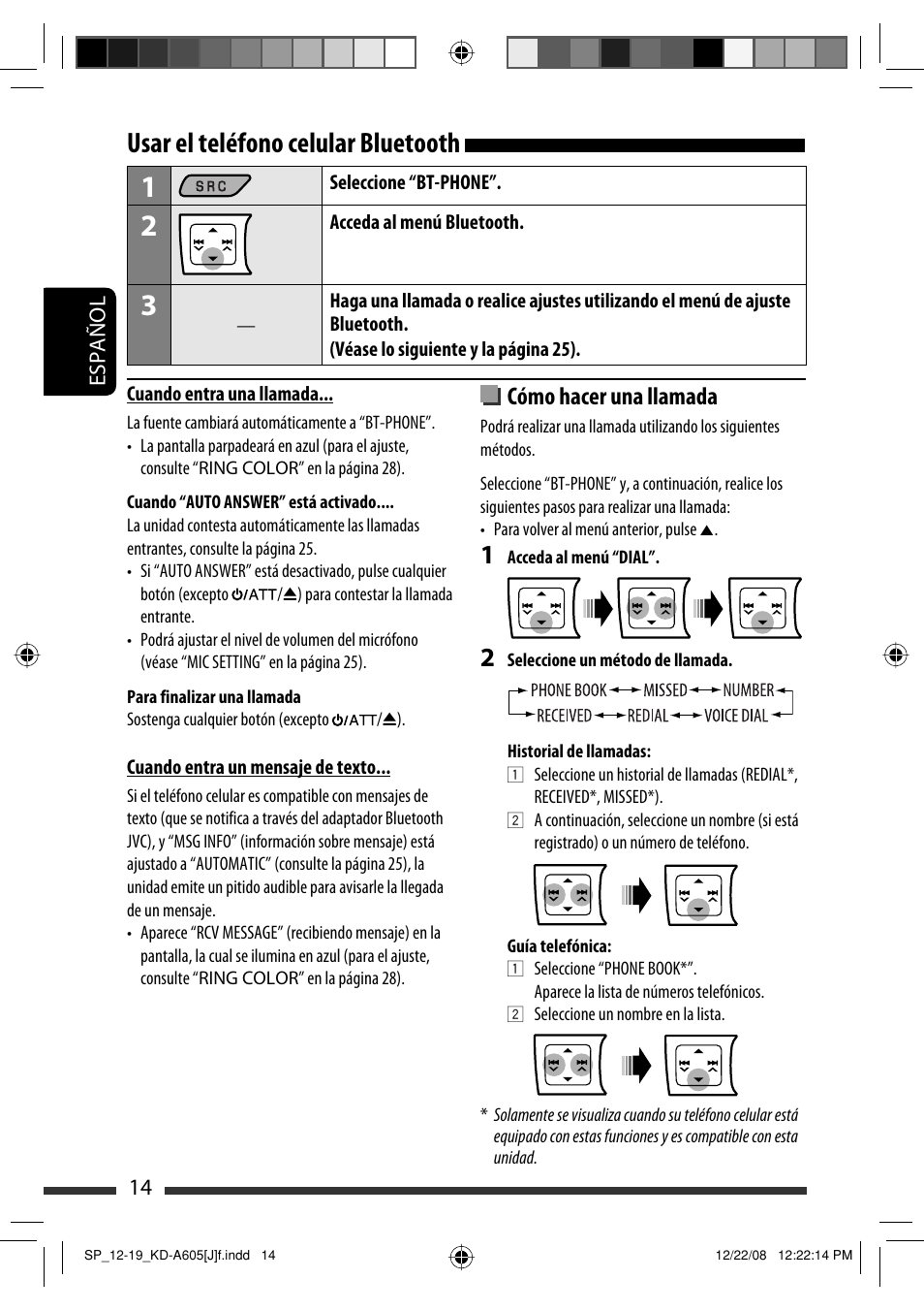 Usar el teléfono celular bluetooth, Cómo hacer una llamada | JVC KD-R600 User Manual | Page 56 / 127
