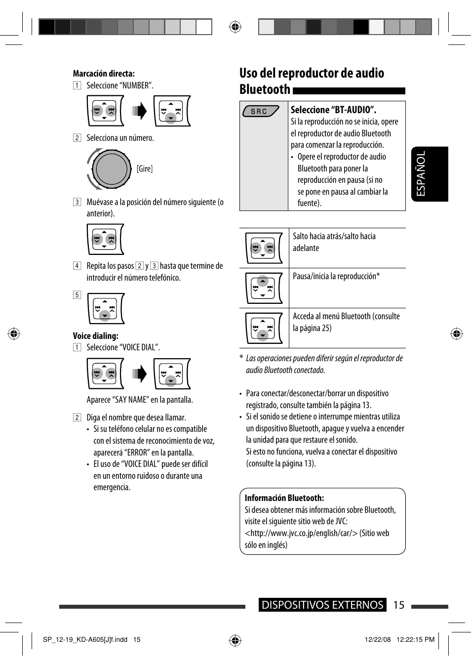 Uso del reproductor de audio bluetooth, Español 15 dispositivos externos | JVC KD-R600 User Manual | Page 57 / 127