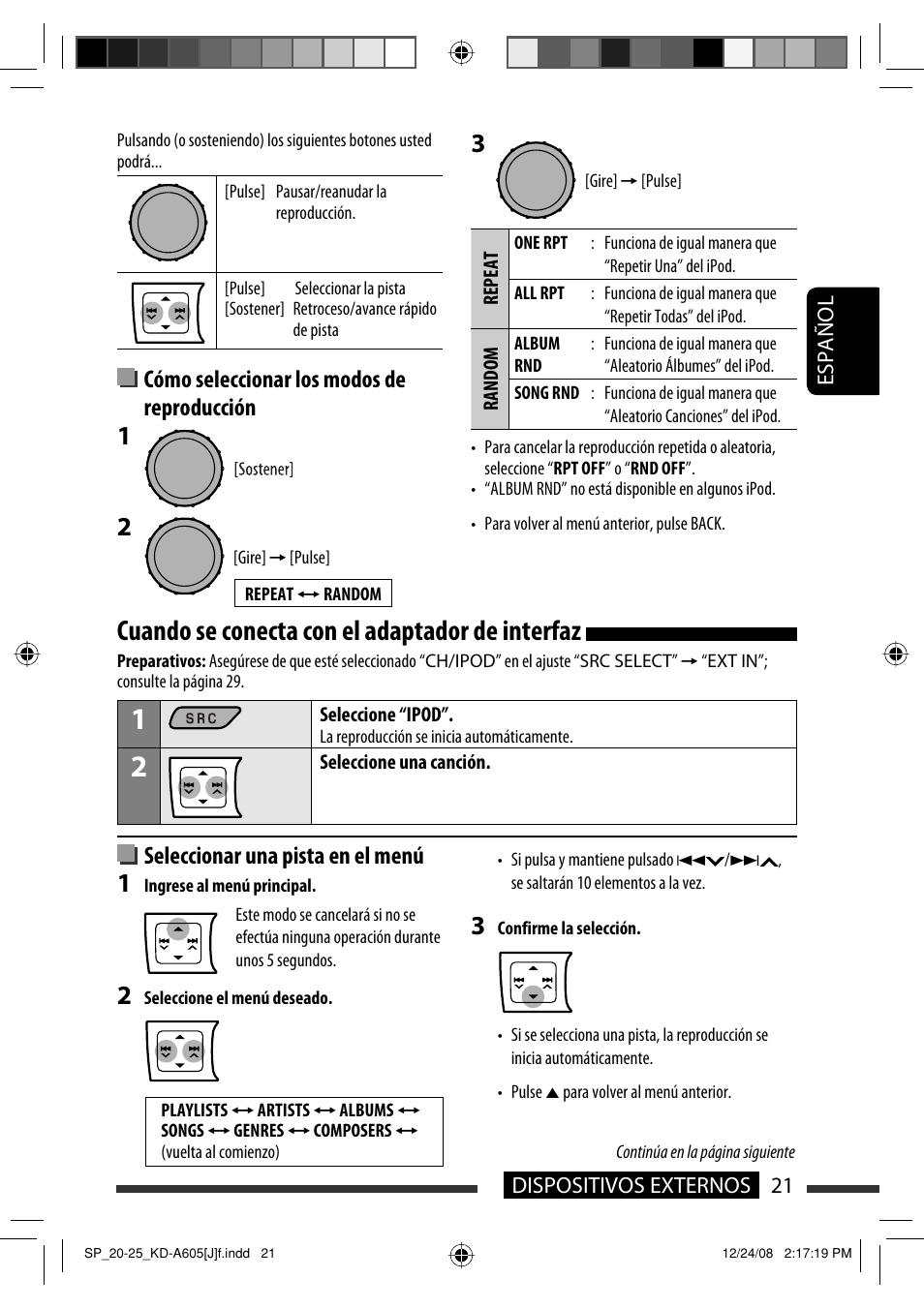 Cuando se conecta con el adaptador de interfaz, Cómo seleccionar los modos de reproducción, Seleccionar una pista en el menú | JVC KD-R600 User Manual | Page 63 / 127