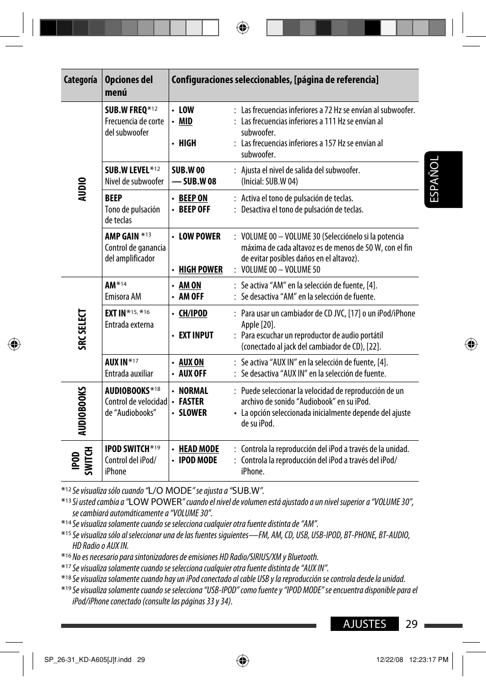 Español 29 ajustes | JVC KD-R600 User Manual | Page 71 / 127