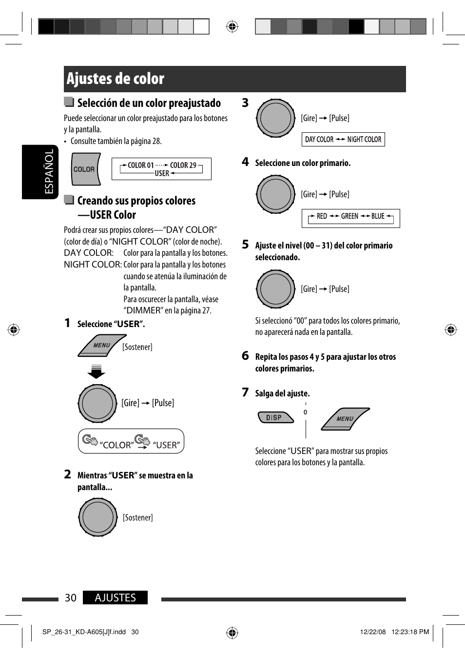 Ajustes de color, Selección de un color preajustado, Creando sus propios colores —user color | JVC KD-R600 User Manual | Page 72 / 127