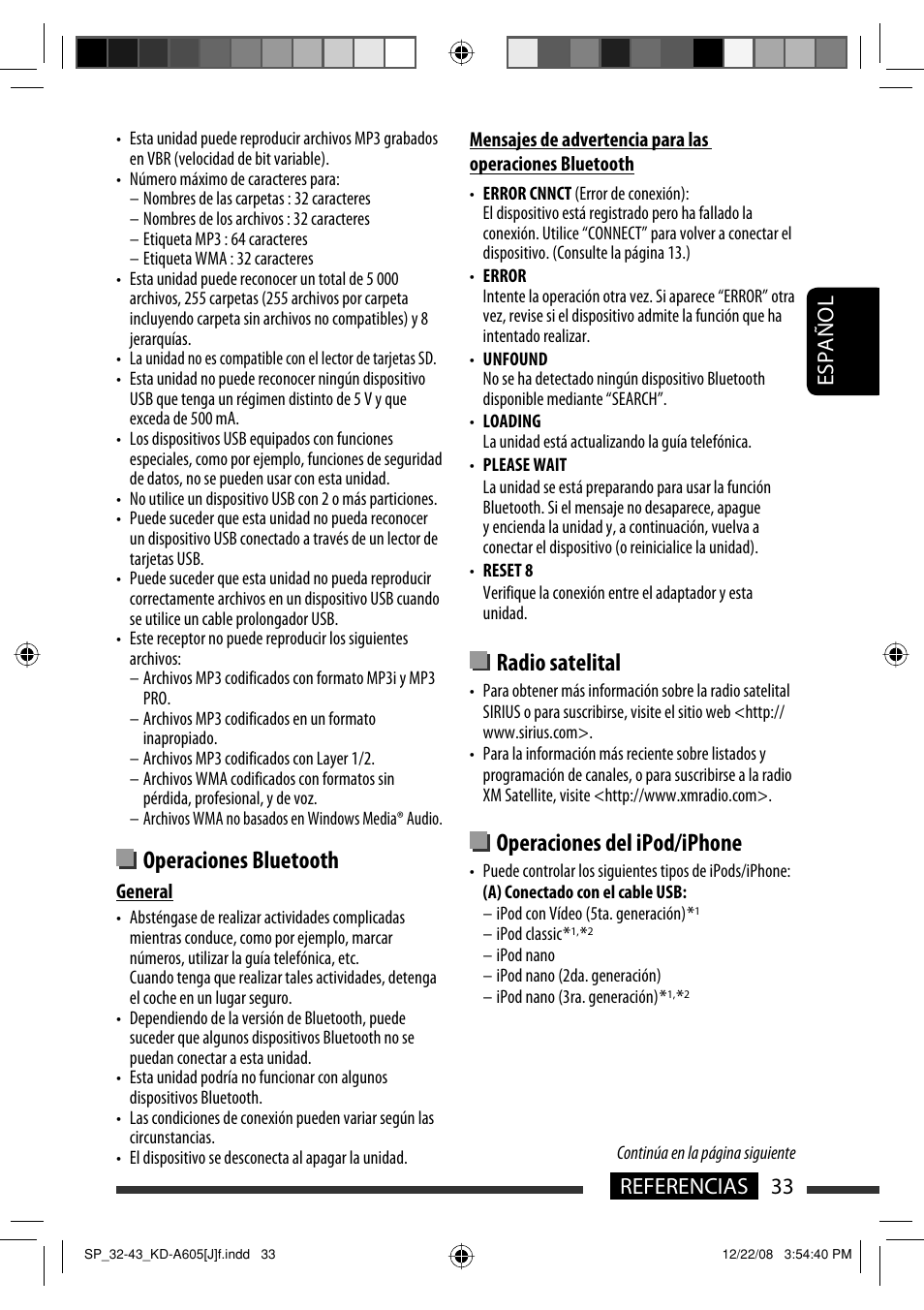Operaciones bluetooth, Radio satelital, Operaciones del ipod/iphone | Español 33 referencias | JVC KD-R600 User Manual | Page 75 / 127