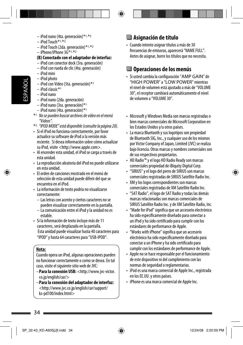 Asignación de título, Operaciones de los menús, Español 34 | JVC KD-R600 User Manual | Page 76 / 127