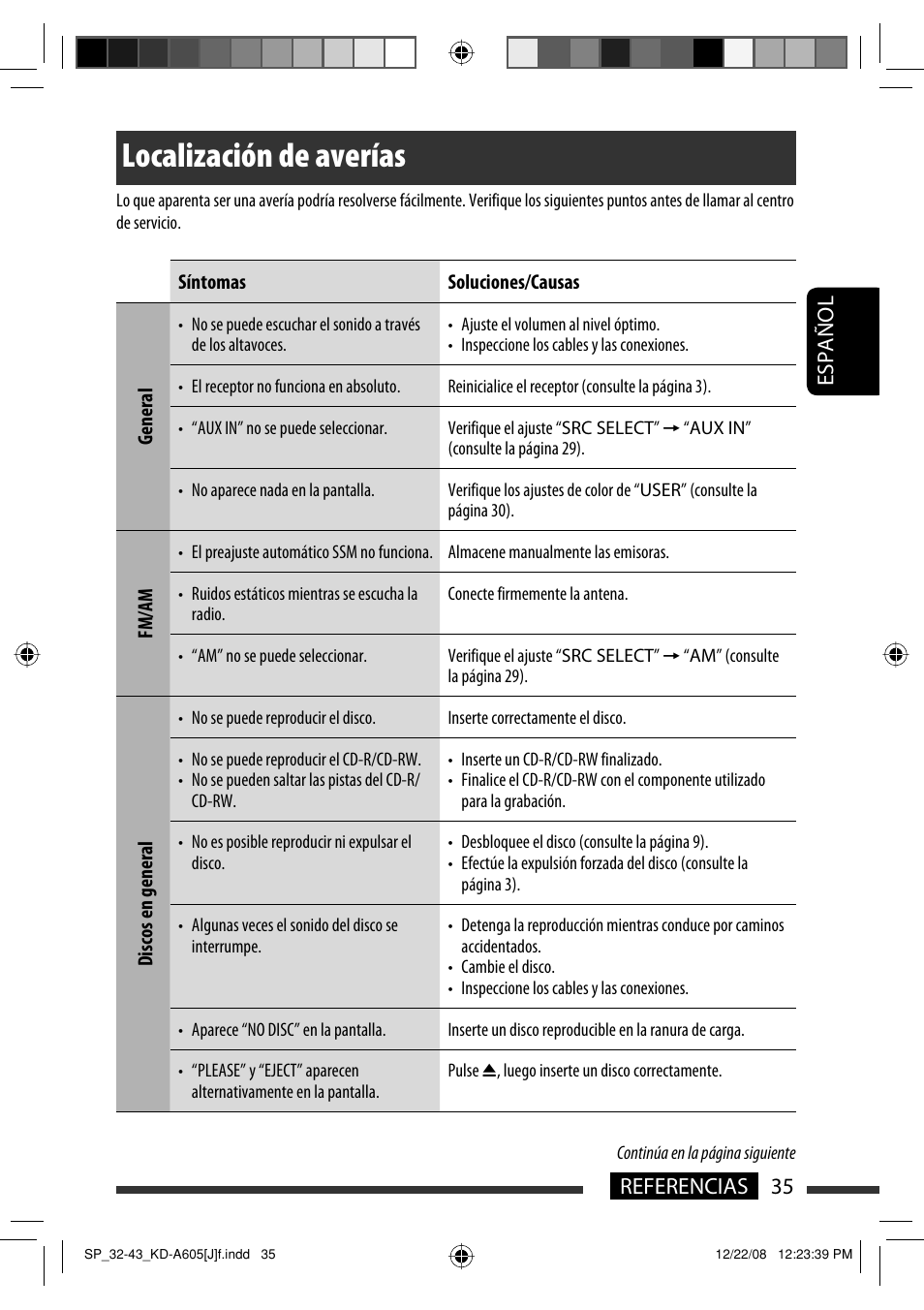 Localización de averías, Español 35 referencias | JVC KD-R600 User Manual | Page 77 / 127