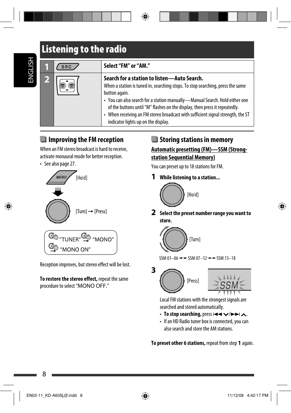 Listening to the radio, Improving the fm reception | JVC KD-R600 User Manual | Page 8 / 127