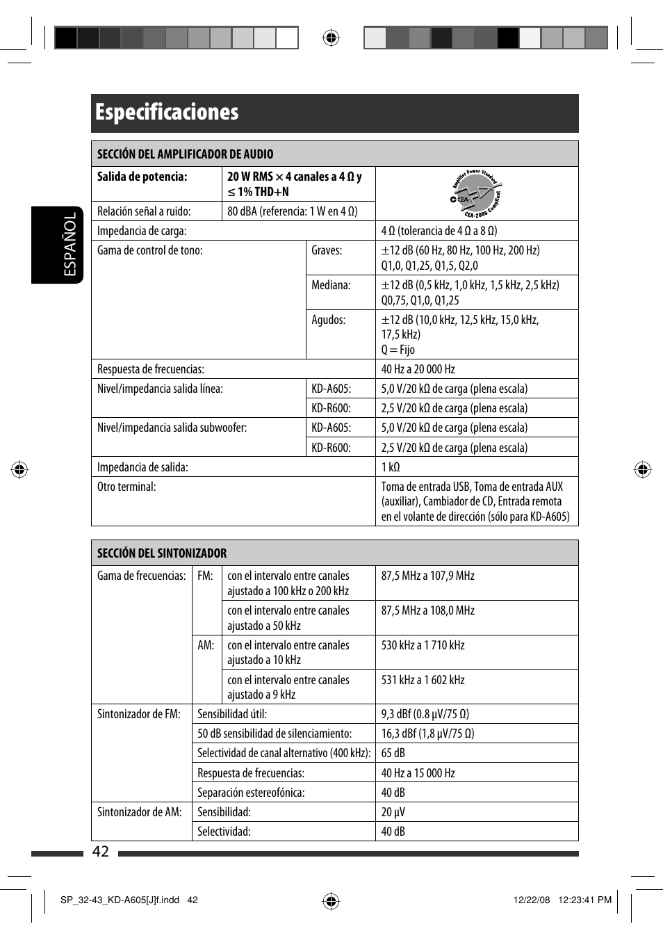 Especificaciones, Español 42 | JVC KD-R600 User Manual | Page 84 / 127