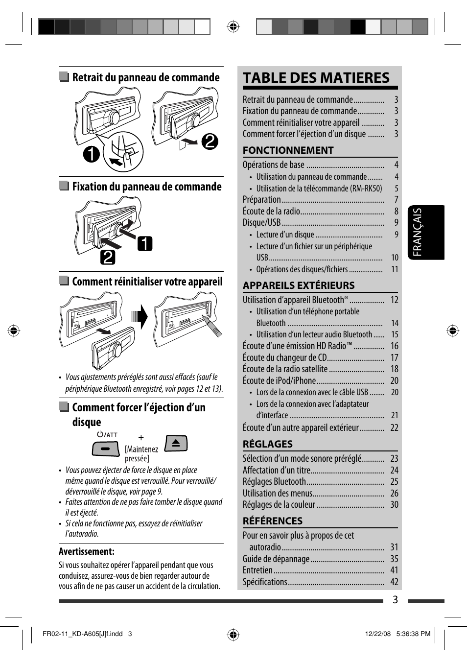 Table des matieres, Comment forcer l’éjection d’un disque | JVC KD-R600 User Manual | Page 87 / 127