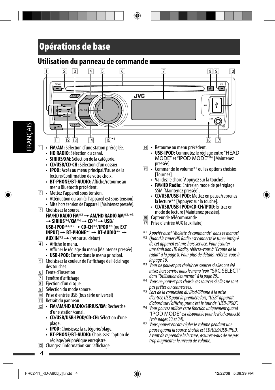Opérations de base, Utilisation du panneau de commande, Français 4 | JVC KD-R600 User Manual | Page 88 / 127