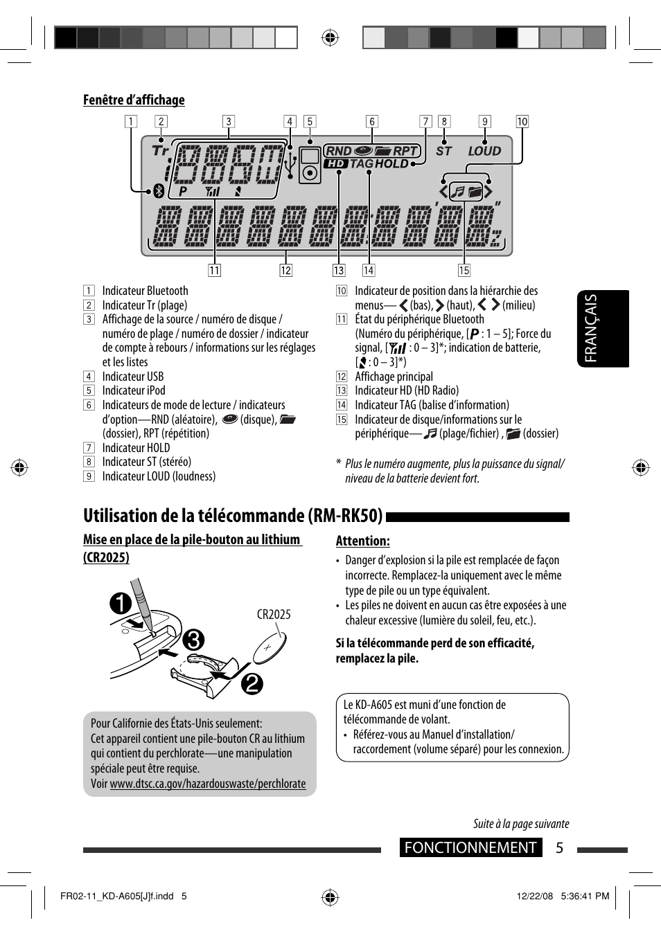Utilisation de la télécommande (rm-rk50), Français 5 fonctionnement | JVC KD-R600 User Manual | Page 89 / 127