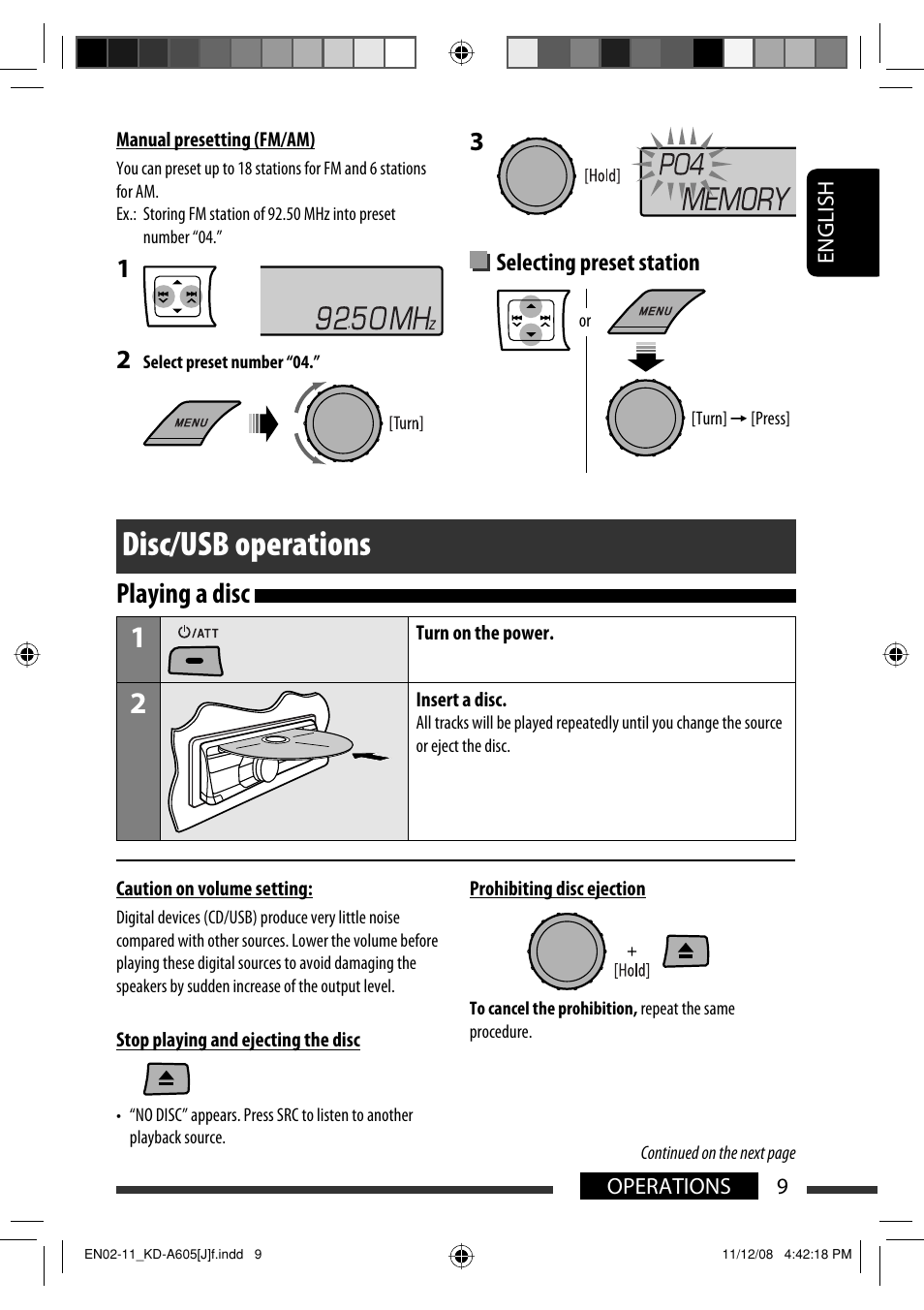 Disc/usb operations, Playing a disc, Selecting preset station | JVC KD-R600 User Manual | Page 9 / 127