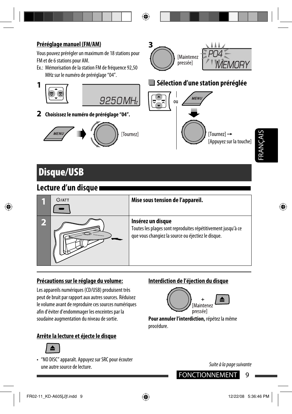 Disque/usb, Lecture d’un disque, Sélection d’une station préréglée | JVC KD-R600 User Manual | Page 93 / 127