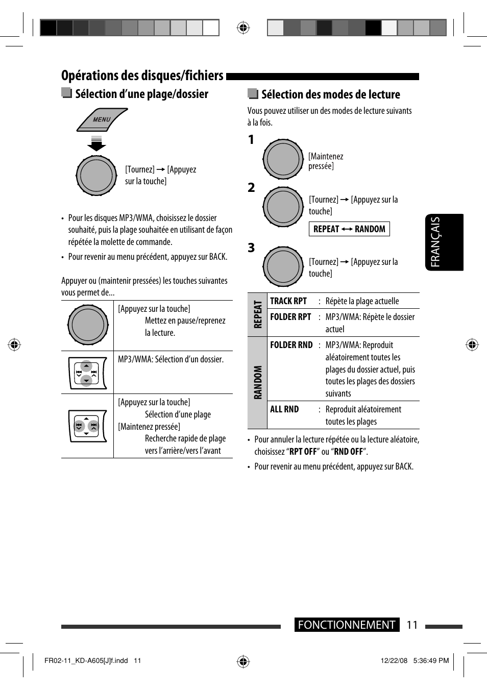 Opérations des disques/fichiers, Sélection d’une plage/dossier, Sélection des modes de lecture | Français 11 fonctionnement | JVC KD-R600 User Manual | Page 95 / 127