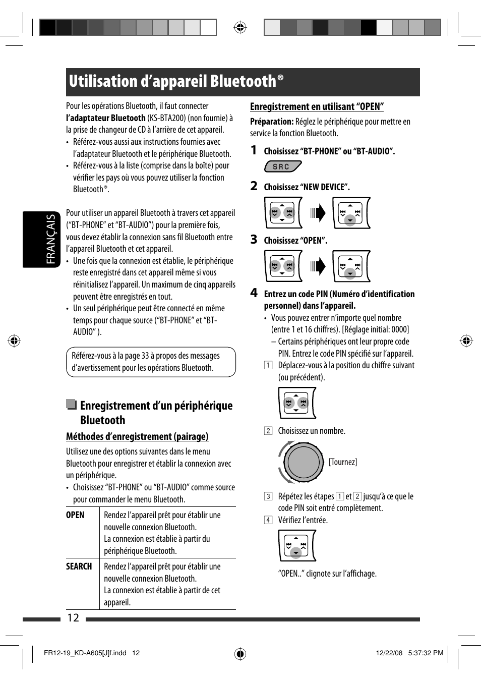 Utilisation d’appareil bluetooth, Enregistrement d’un périphérique bluetooth | JVC KD-R600 User Manual | Page 96 / 127