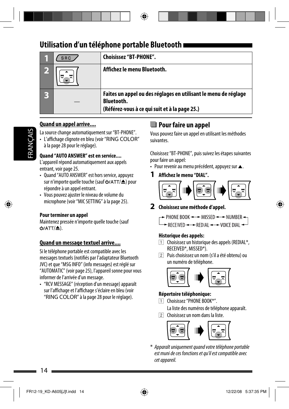 Utilisation d’un téléphone portable bluetooth, Pour faire un appel | JVC KD-R600 User Manual | Page 98 / 127