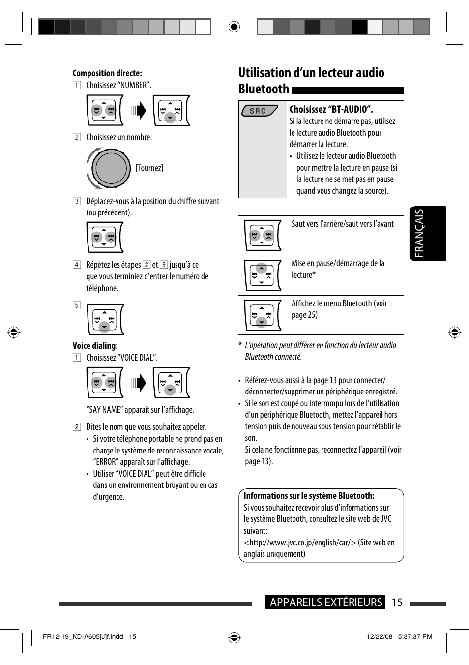 Utilisation d’un lecteur audio bluetooth, Français 15 appareils extérieurs | JVC KD-R600 User Manual | Page 99 / 127