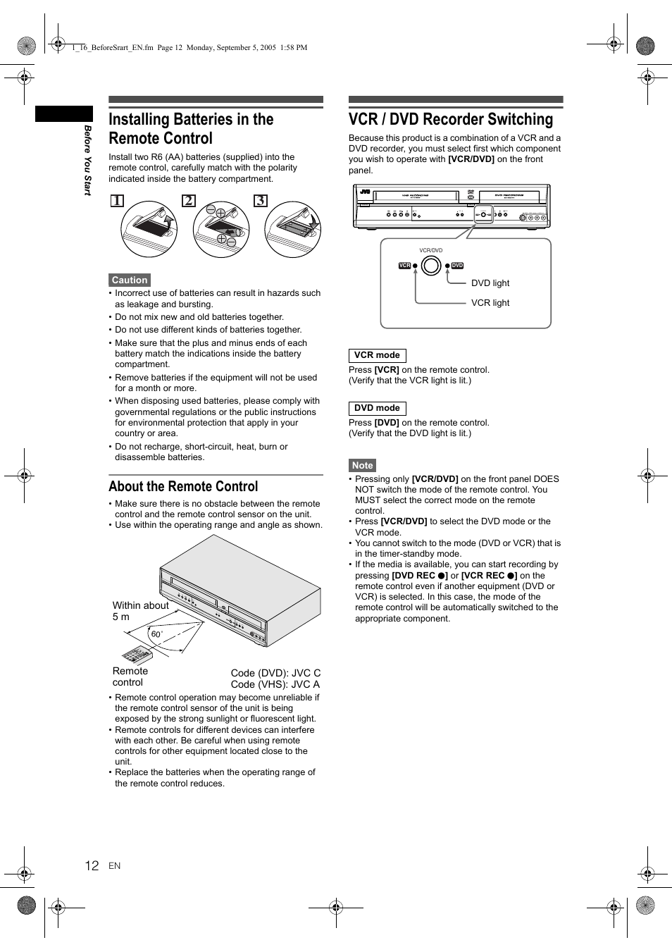 Installing batteries in the remote control, Vcr / dvd recorder switching, About the remote control | JVC DR-MV2SEU User Manual | Page 12 / 76