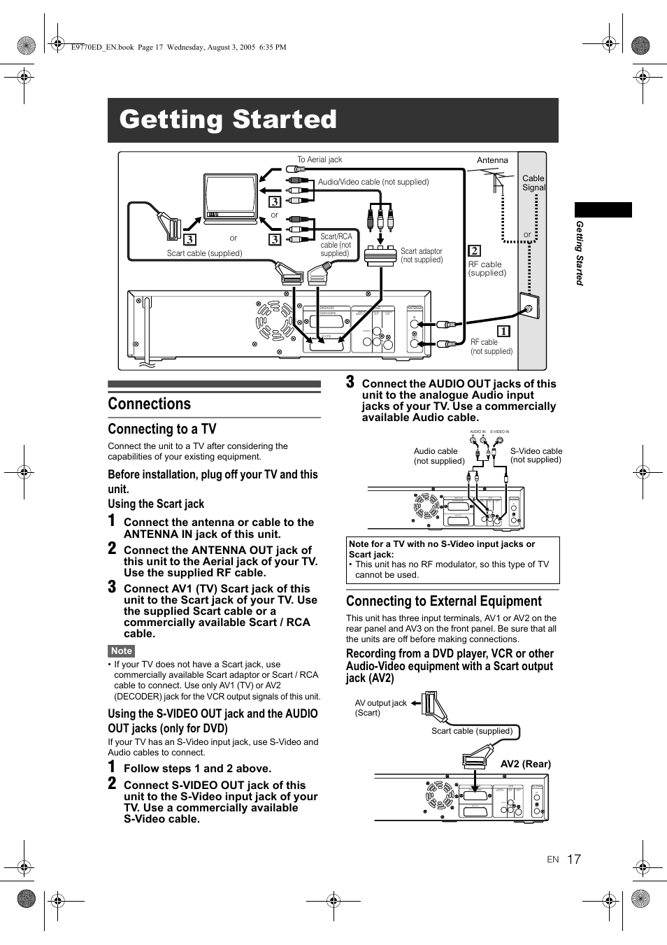 Getting started, Connections, Connecting to a tv | Connecting to external equipment, Follow steps 1 and 2 above, Coaxial, Av2 (rear) | JVC DR-MV2SEU User Manual | Page 17 / 76