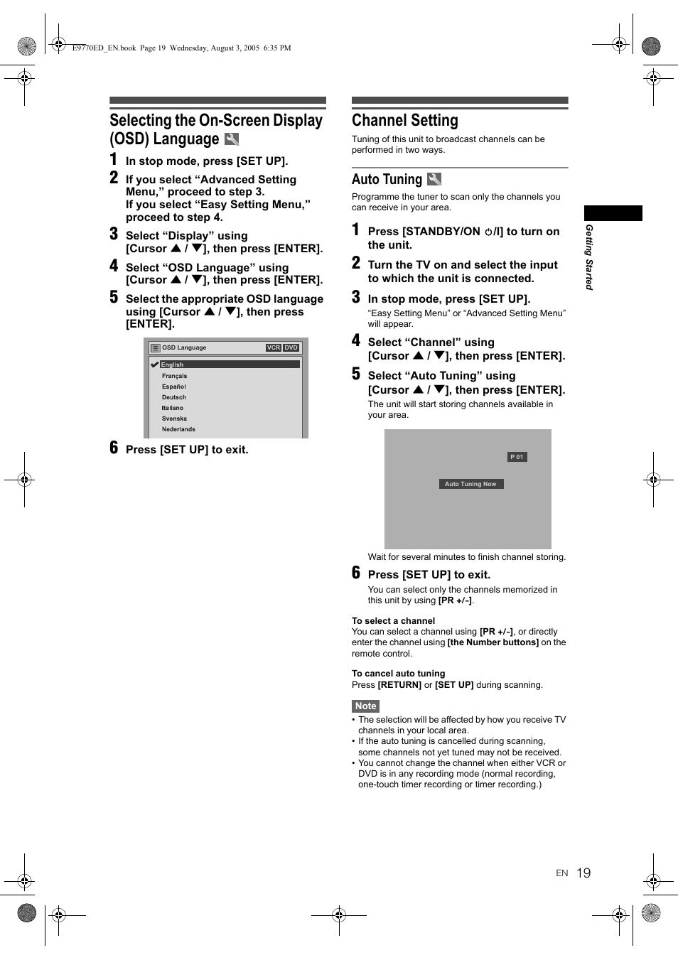 Selecting the on-screen display (osd) language 1, Channel setting, Auto tuning | JVC DR-MV2SEU User Manual | Page 19 / 76