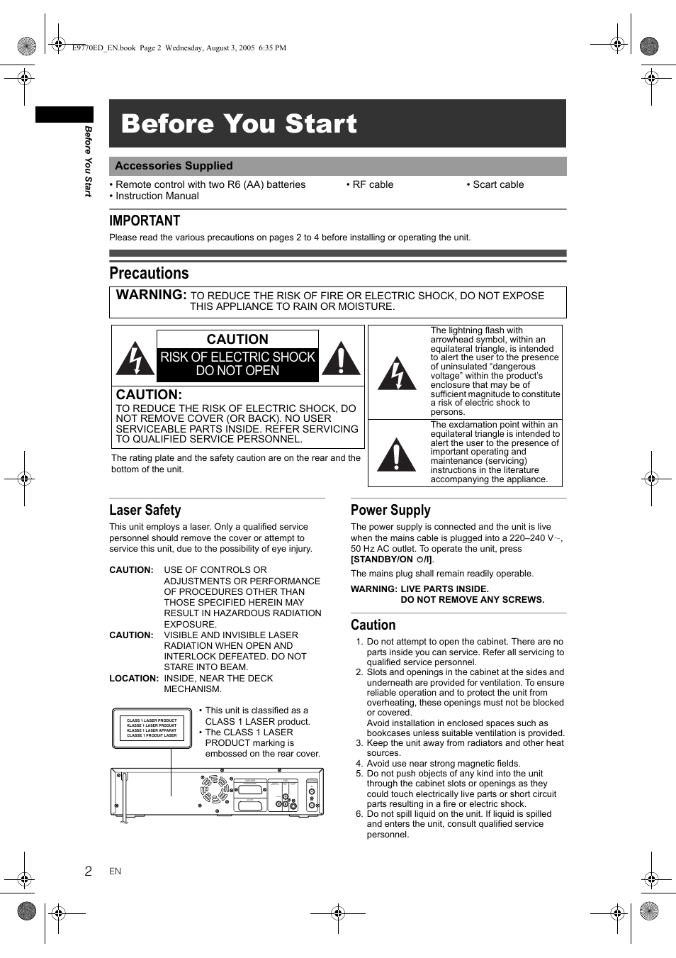 Before you start, Precautions, Important | Laser safety, Power supply, Caution, Warning, Caution risk of electric shock do not open | JVC DR-MV2SEU User Manual | Page 2 / 76