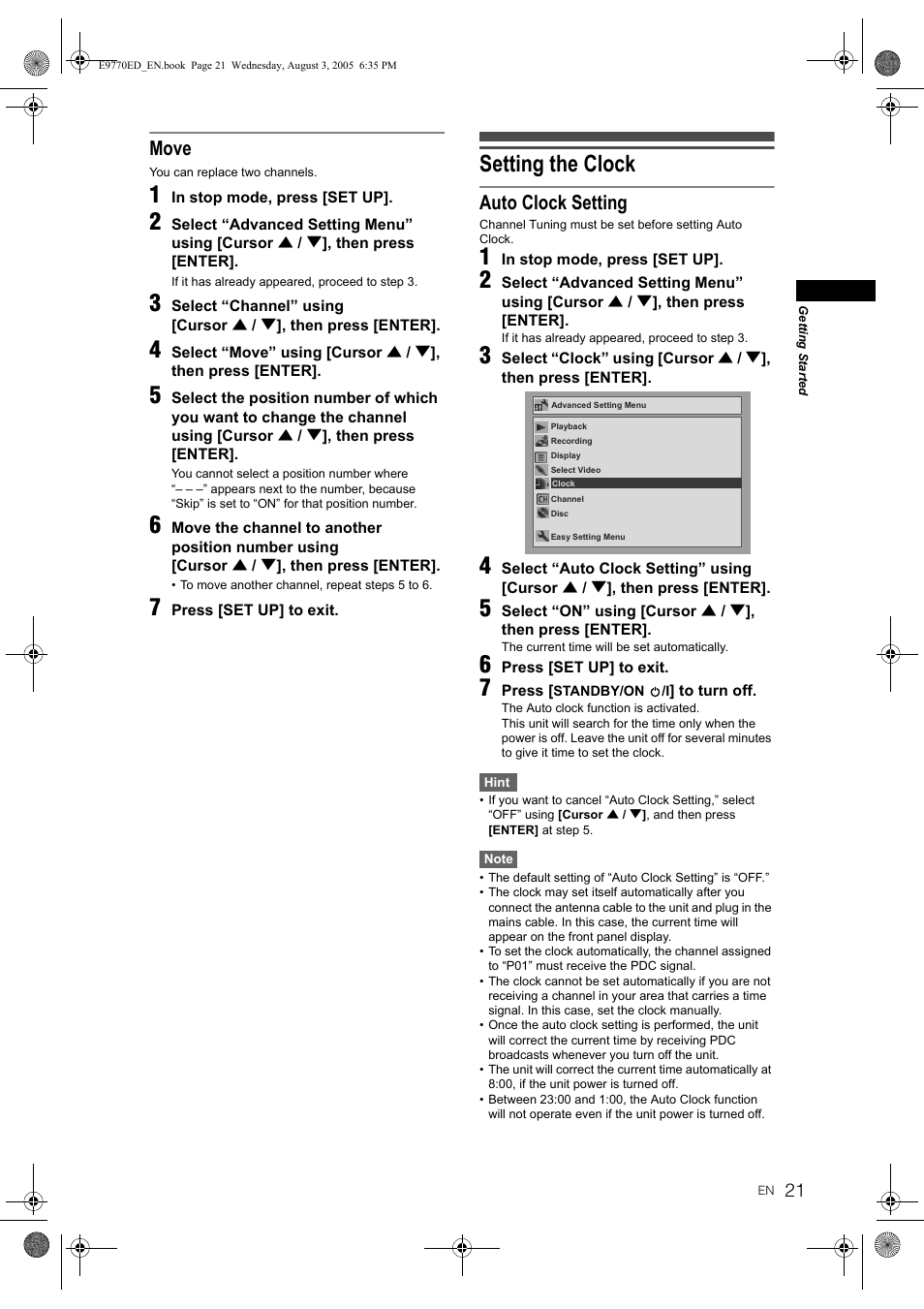 Setting the clock, Move, Auto clock setting | JVC DR-MV2SEU User Manual | Page 21 / 76