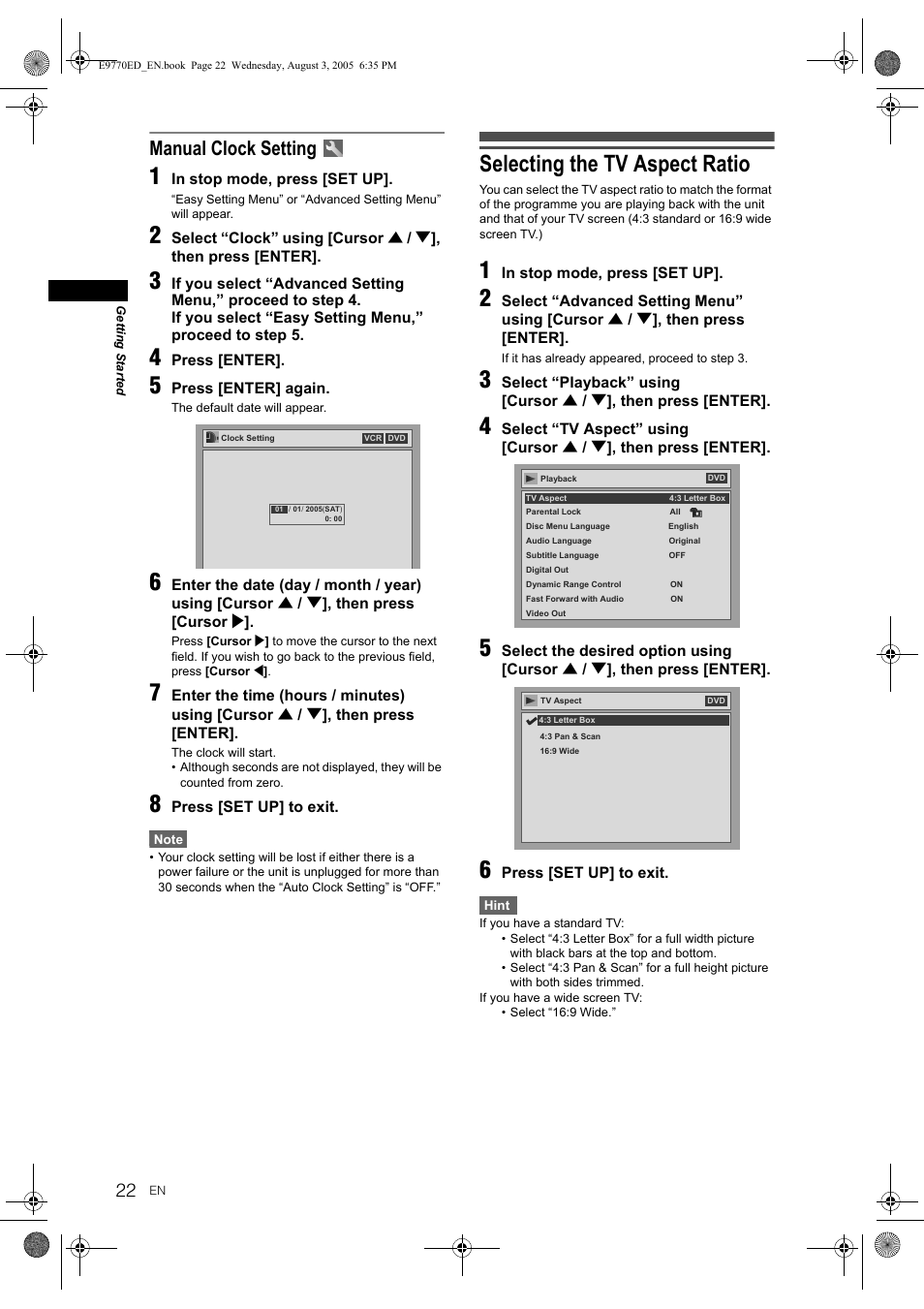 Selecting the tv aspect ratio, Manual clock setting | JVC DR-MV2SEU User Manual | Page 22 / 76