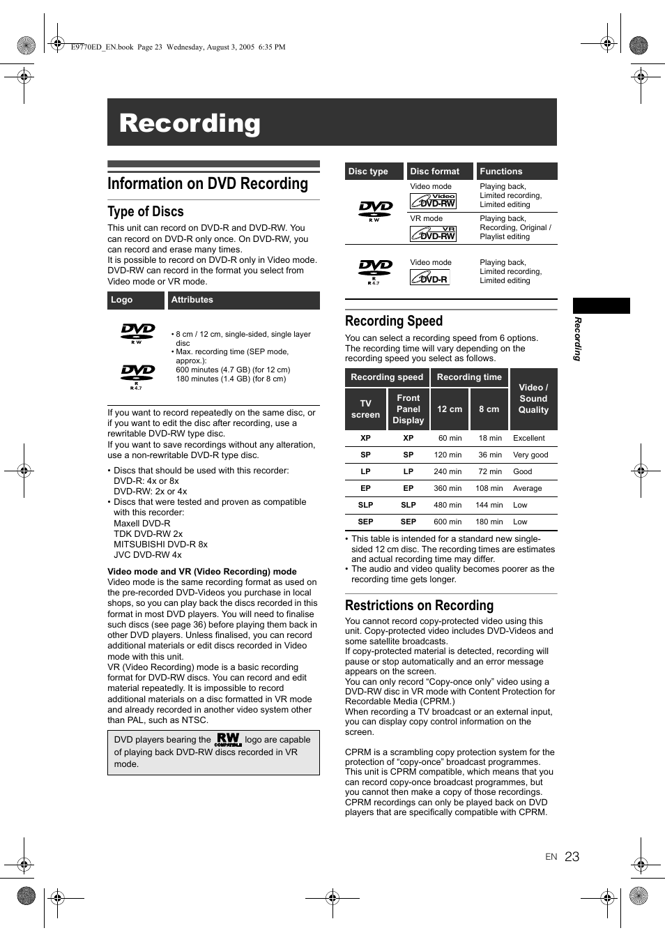Recording, Information on dvd recording, Type of discs | Recording speed, Restrictions on recording | JVC DR-MV2SEU User Manual | Page 23 / 76