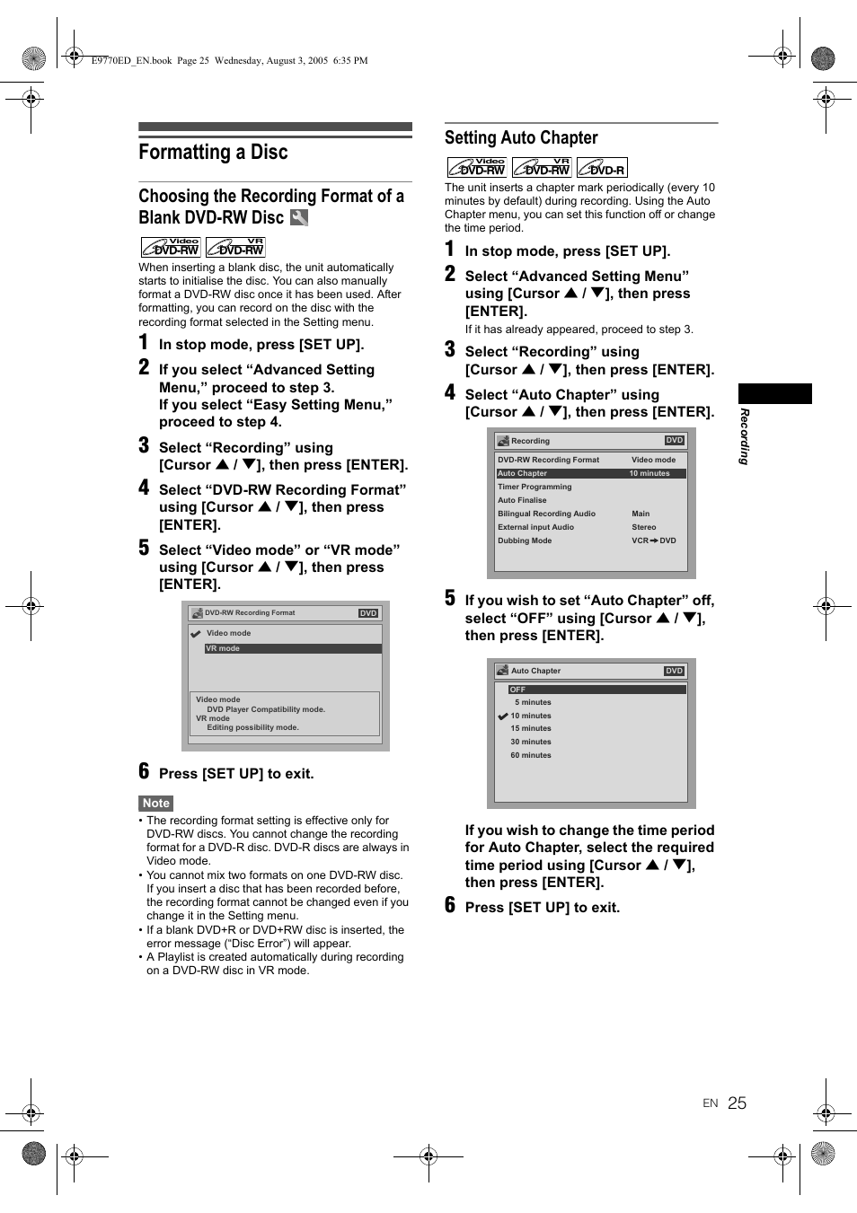 Formatting a disc, Setting auto chapter | JVC DR-MV2SEU User Manual | Page 25 / 76