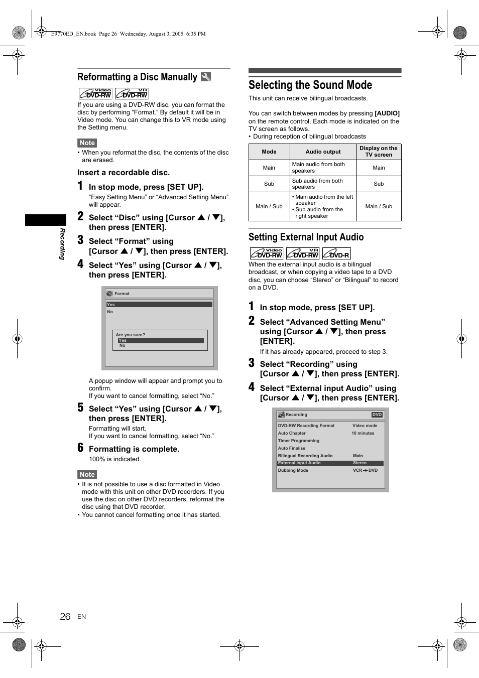 Selecting the sound mode, Reformatting a disc manually, Setting external input audio | JVC DR-MV2SEU User Manual | Page 26 / 76