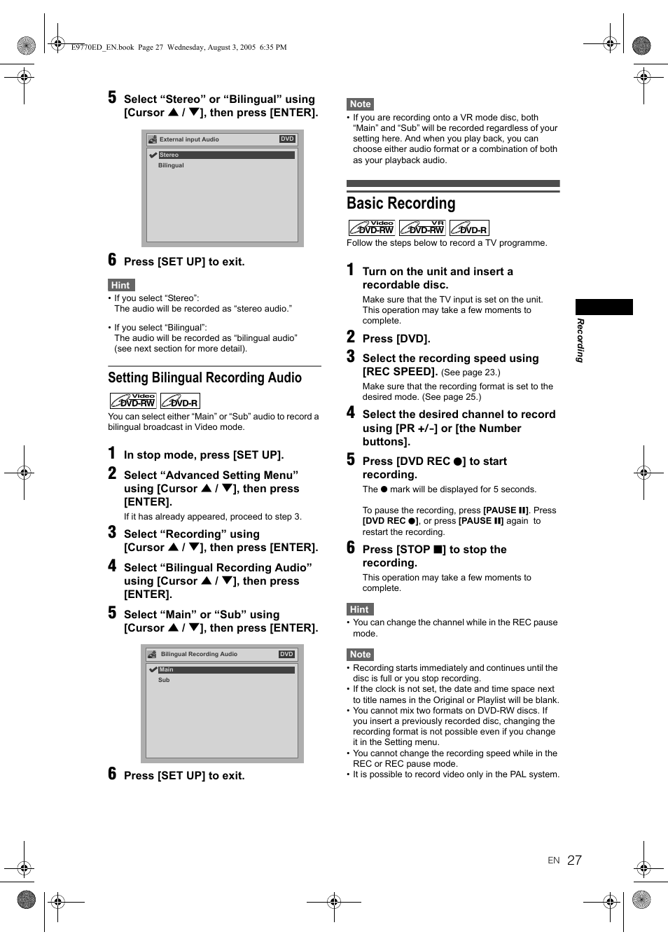 Basic recording, Setting bilingual recording audio | JVC DR-MV2SEU User Manual | Page 27 / 76