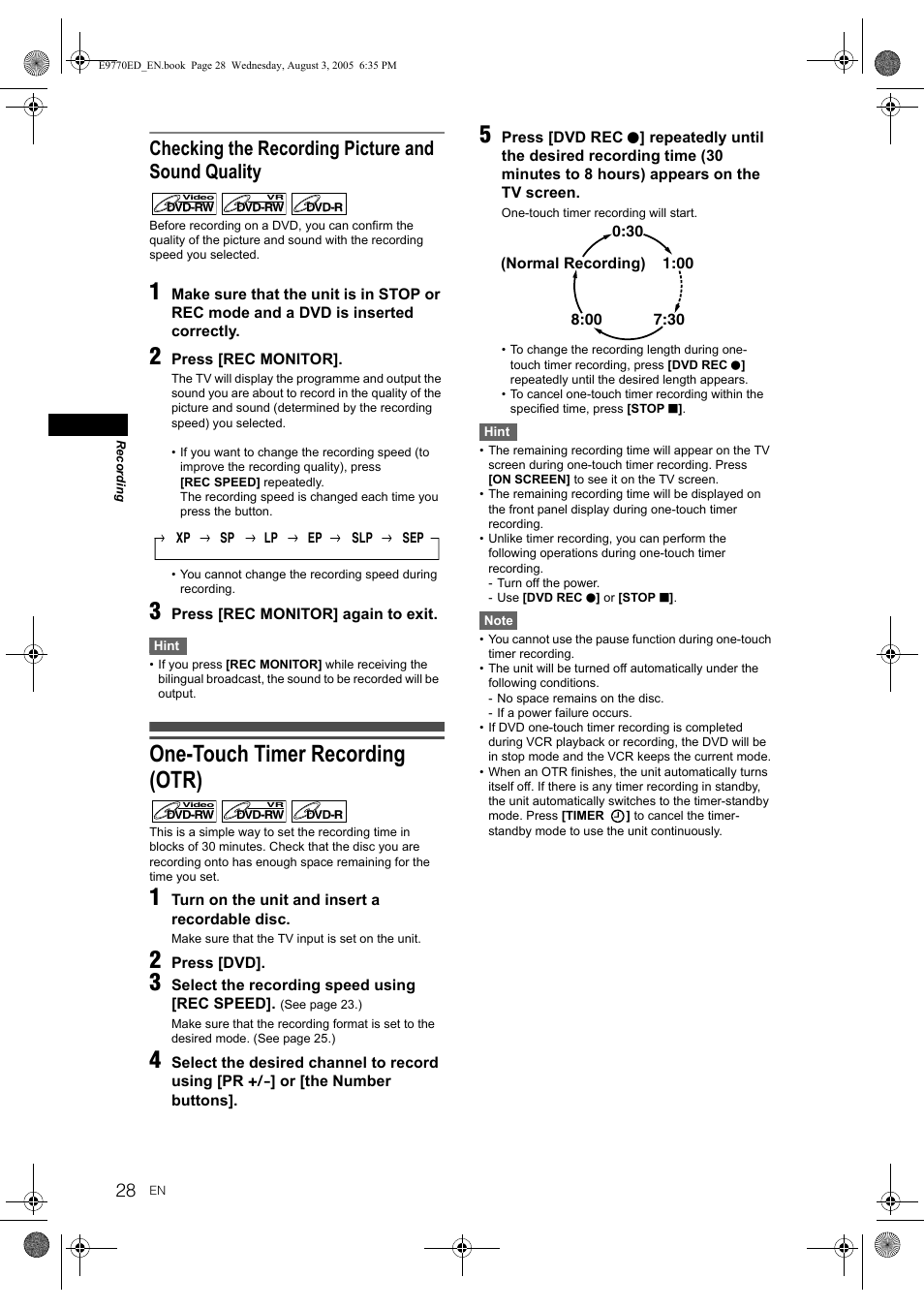 One-touch timer recording (otr), Checking the recording picture and sound quality | JVC DR-MV2SEU User Manual | Page 28 / 76