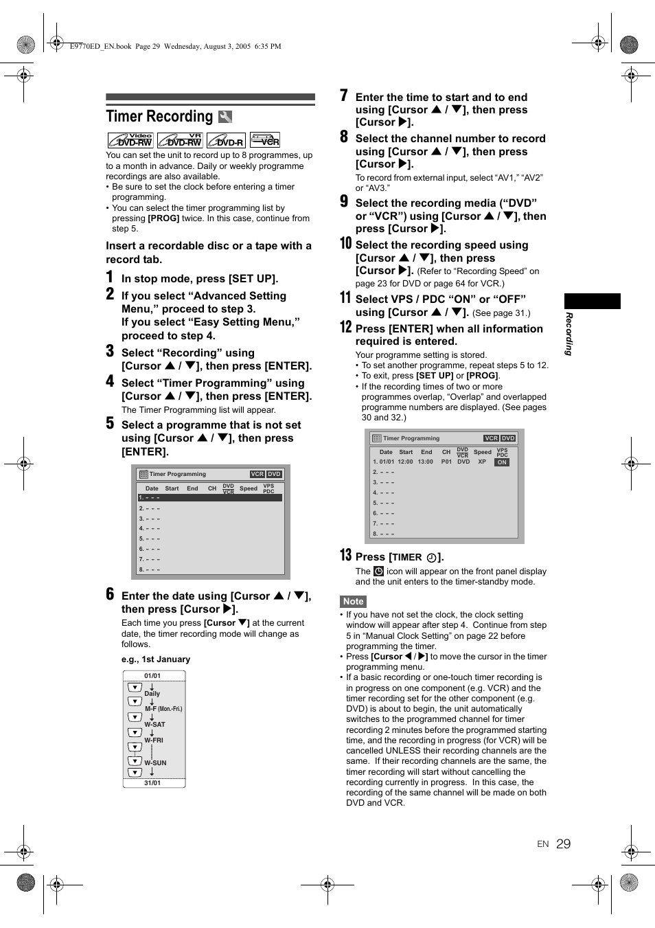 Timer recording | JVC DR-MV2SEU User Manual | Page 29 / 76