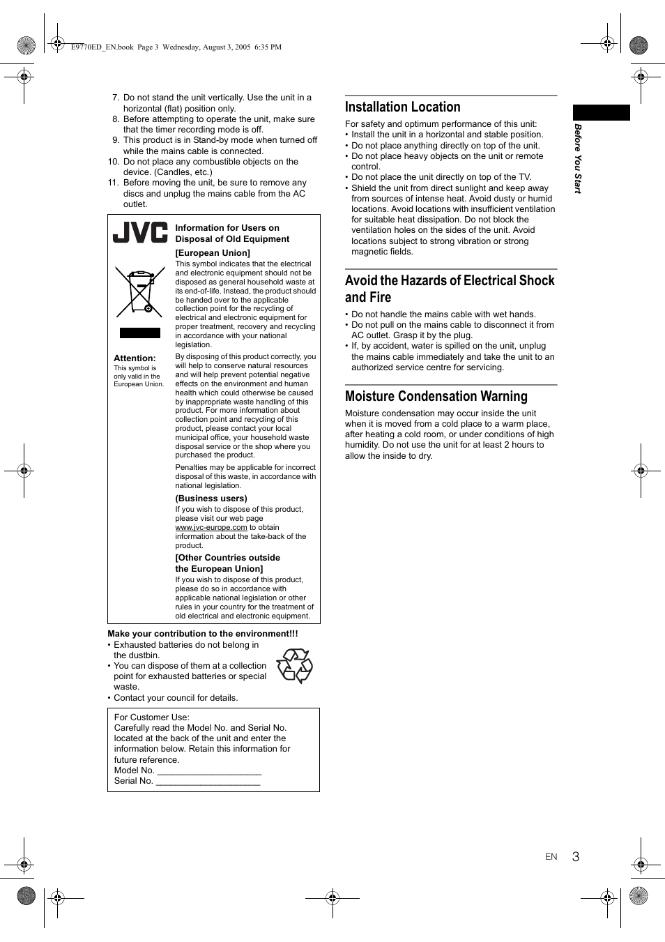 Installation location, Avoid the hazards of electrical shock and fire, Moisture condensation warning | JVC DR-MV2SEU User Manual | Page 3 / 76